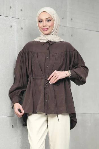 Kahverengi Bel Bağlamalı Modal Salaş Tunik