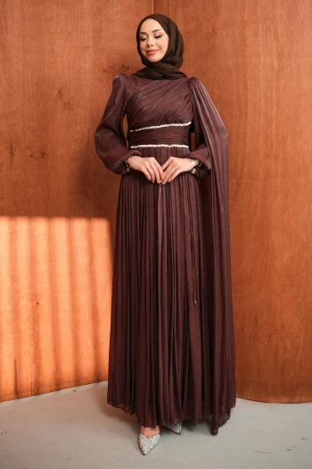 Kahverengi Bel Büzgülü Taşlı Abiye