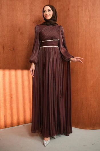 Kahverengi Bel Büzgülü Taşlı Abiye