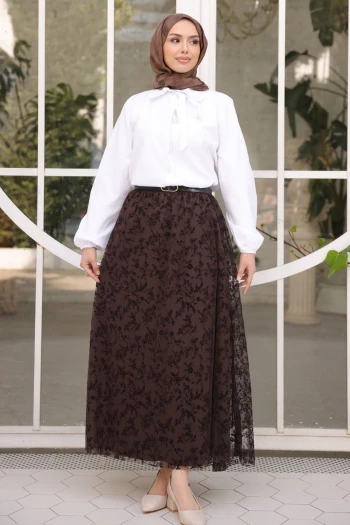 Kahverengi Bel Kemerli Astarlı Flok Tül Etek