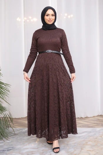 Kahverengi Bel Kemerli Dantelli Tül Elbise
