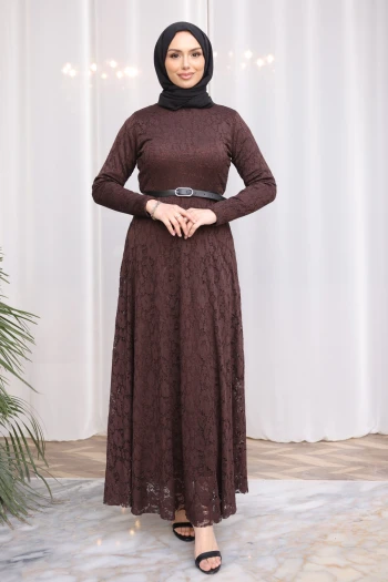Kahverengi Bel Kemerli Dantelli Tül Elbise