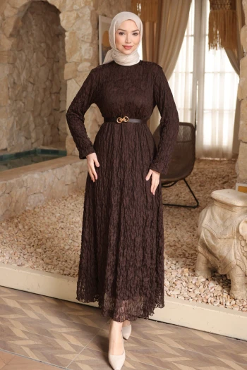 Kahverengi Bel Kemerli Desenli Tül Elbise