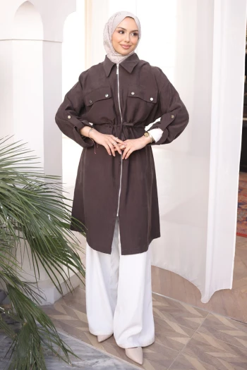 Kahverengi Bel Kuşaklı Çift Cepli Gabria Kap