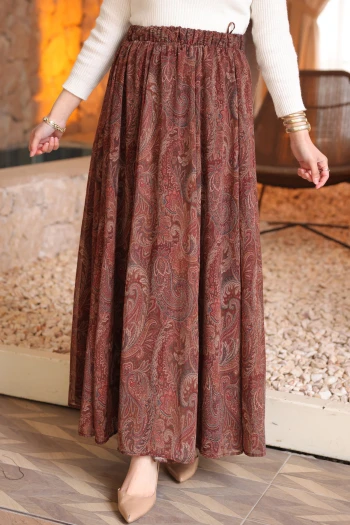 Kahverengi Bel Lastikli Astarlı Şifon Etek