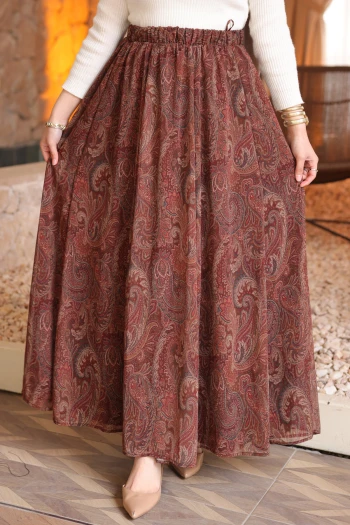 Kahverengi Bel Lastikli Astarlı Şifon Etek