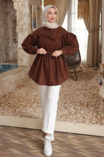 Kahverengi Bel Lastikli Düğmeli Gömlek