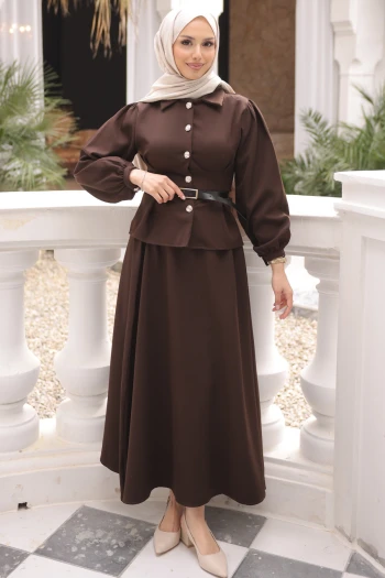 Kahverengi Bel Pens Dikişli Dabıl Gömlek Etekli Takım