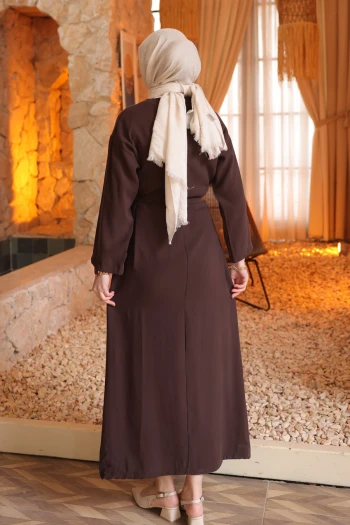 Kahverengi Beli Kuşaklı Rayon Tencel Elbise