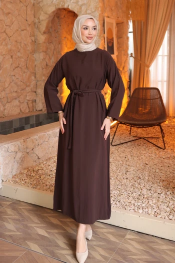 Kahverengi Beli Kuşaklı Rayon Tencel Elbise