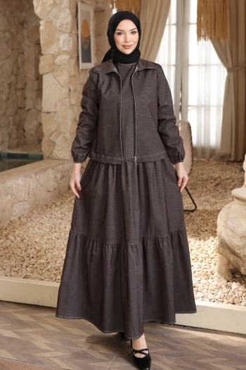 Kahverengi Bisiklet Yaka Elbise Ceketli Takım