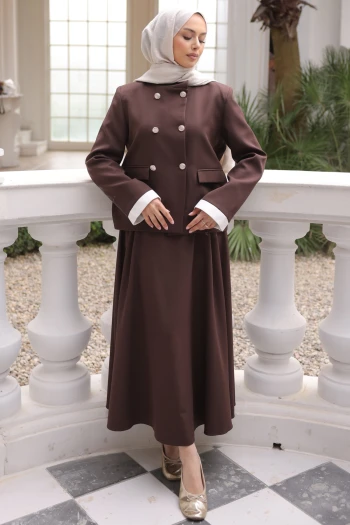 Kahverengi Ceket Etekli Krep Takım