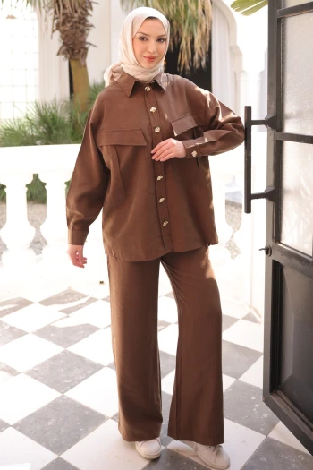Kahverengi Cepli Tunik Pantolonlu Tensel Takım