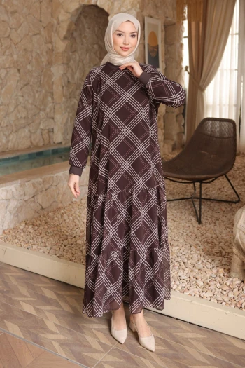 Kahverengi Desenli Şifon Elbise