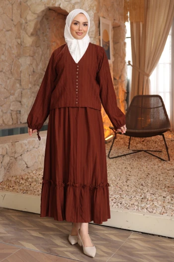 Kahverengi Düğmeli Gömlek Etekli Bürümcük Takım