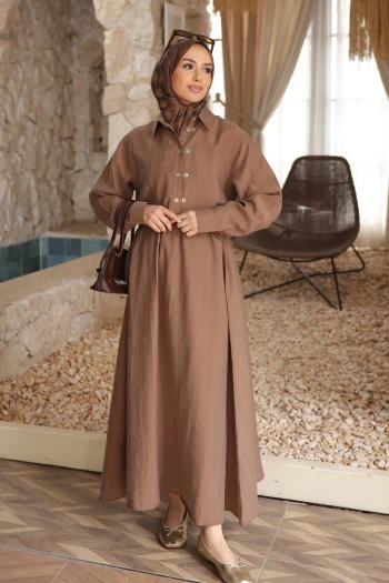 Kahverengi Düğmeli Gömlek Etekli Takım