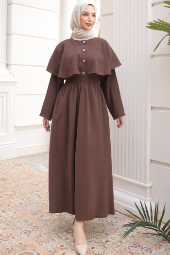 Kahverengi Düğmeli Pelerinli Gömlek Etekli Takım