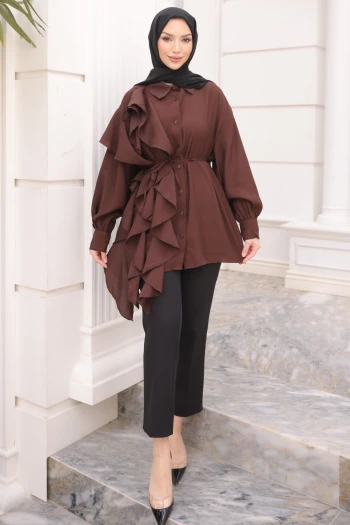 Kahverengi Düğmeli Volanlı İp Bağcıklı Tunik