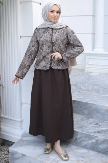 Kahverengi Etnik Desenli Ceket Etekli Takım