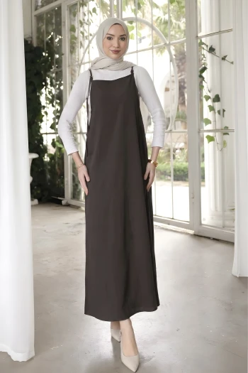 Kahverengi İp Askılı Jile Elbise