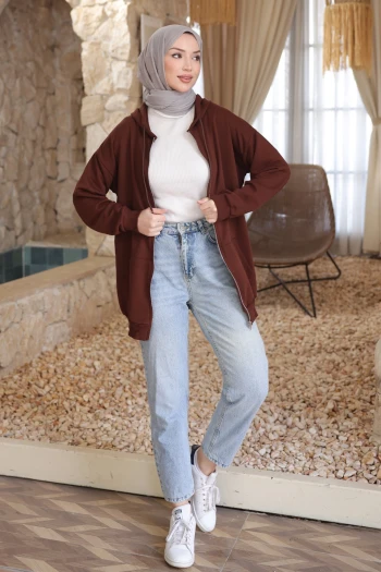 Kahverengi Kanguru Cepli Üç İplik Sweatshirt