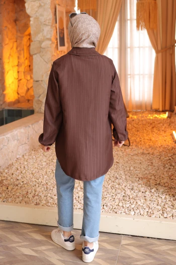 Kahverengi Kol Lastikli Çizgili Gömlek Tunik