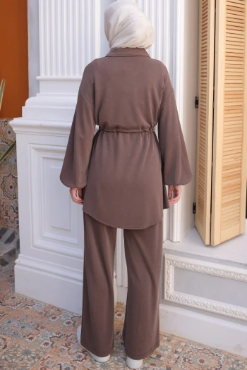 Kahverengi Kol Lastikli Fermuarlı Tunik Pantolonlu Takım