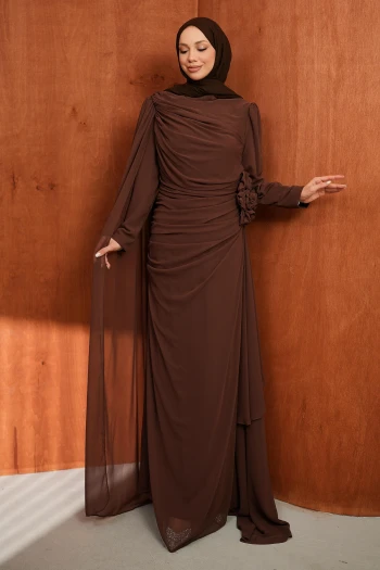 Kahverengi Önü Drapeli Büyük Beden Abiye