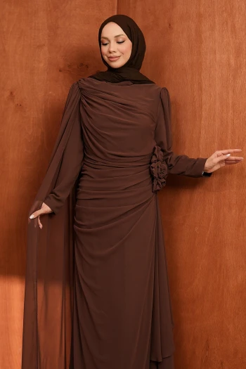 Kahverengi Önü Drapeli Büyük Beden Abiye