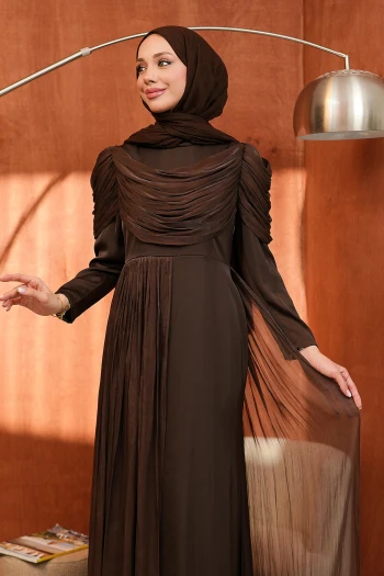 Kahverengi Önü Drapeli Saten Abiye