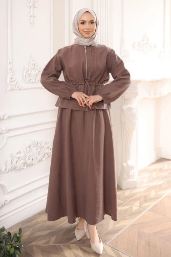 Kahverengi Önü Nervürlü Fermuarlı Ceket Etekli Takım