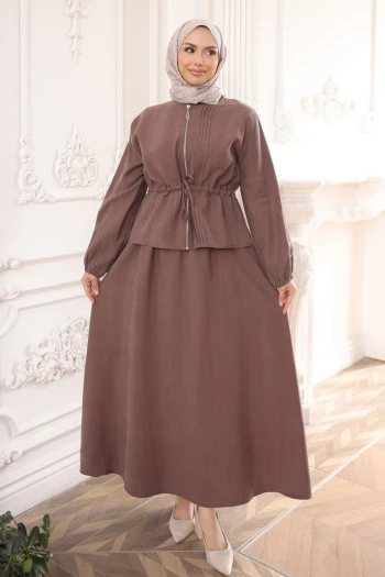 Kahverengi Önü Nervürlü Fermuarlı Ceket Etekli Takım