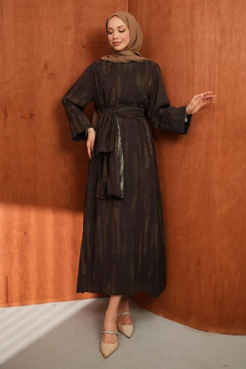 Kahverengi Şallı Desenli Elbise