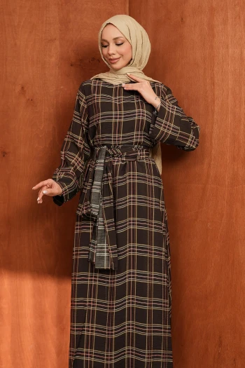 Kahverengi Şallı Ekose Desenli Elbise