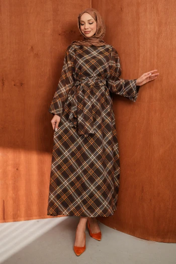 Kahverengi Şallı Ekose Desenli Elbise