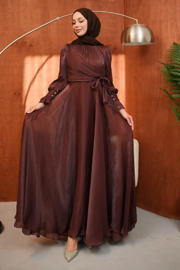 Kahverengi Yan Bağlamalı Kol Detaylı Abiye