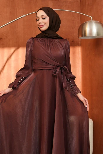 Kahverengi Yan Bağlamalı Kol Detaylı Abiye