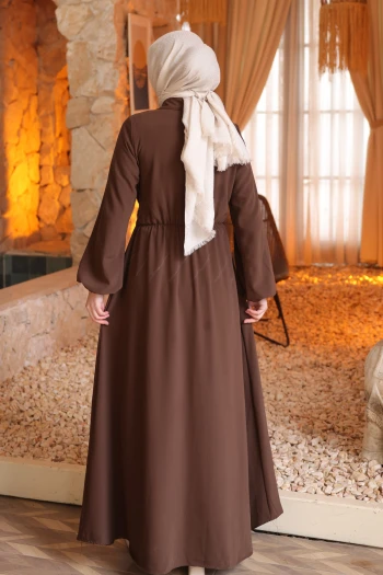 Kahverengi Yan Bağlamalı Kol Lastikli Elbise