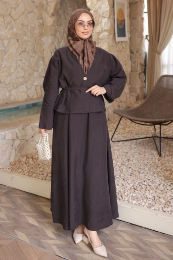 Kahverengi Yarasa Kollu Ceket Etekli Takım