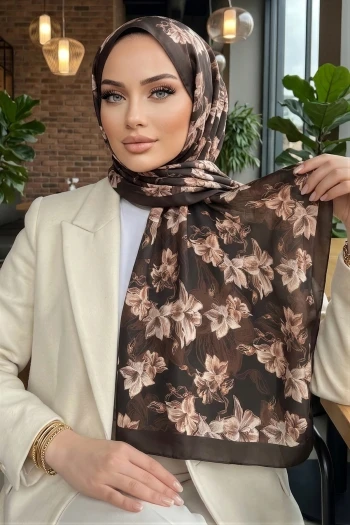 Kahve/Vizon İpekhan Desenli Soft Dijital Şal