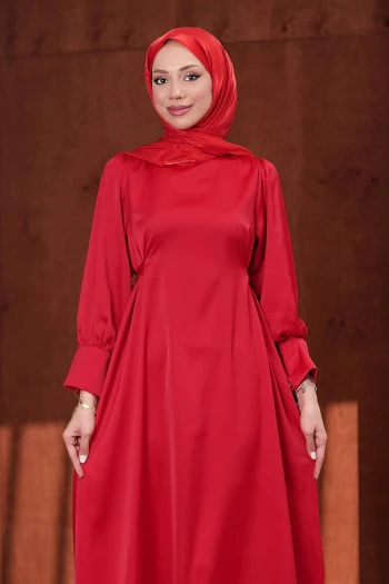 Kırmızı Kol Düğmeli Beli Kuşaklı Saten Abiye