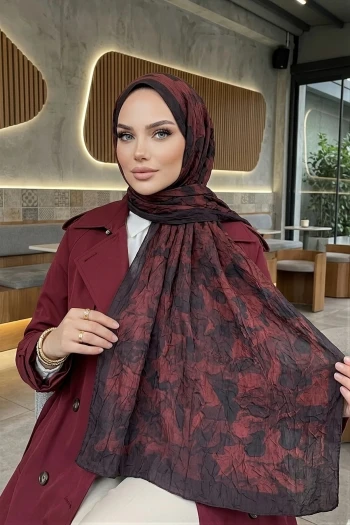 Koyu Bordo İpekhan Desenli Kraş Şal