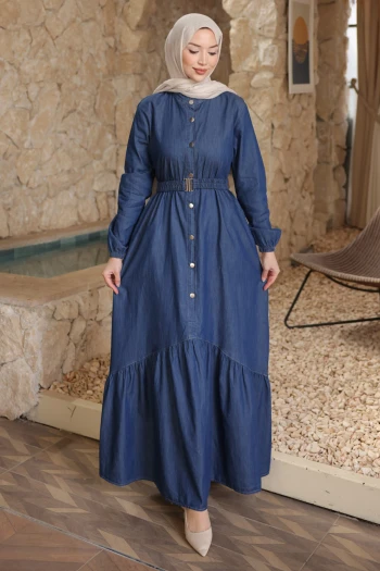 Koyu Mavi Bel Kemerli Düğmeli Kot Elbise