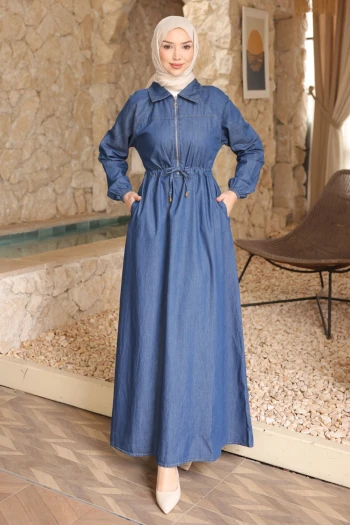 Koyu Mavi Bel Lastikli Fermuarlı Kot Elbise
