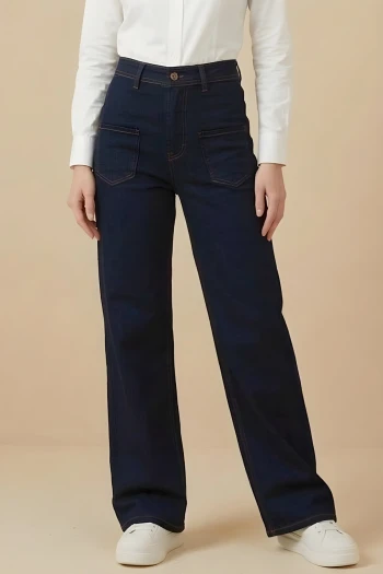 Koyu Mavi Yüksek Bel Çift Cepli Palazzo Kot Pantolon