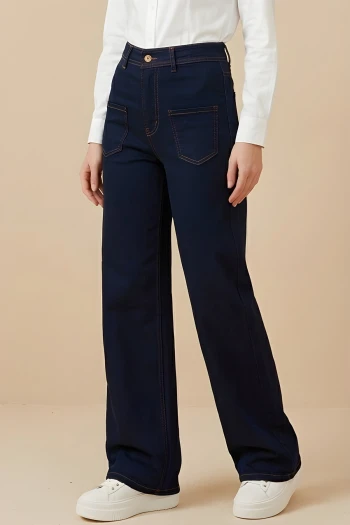 Koyu Mavi Yüksek Bel Çift Cepli Palazzo Kot Pantolon