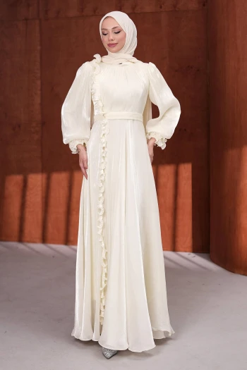 Krem Bel Kemerli Fırfırlı Janjan Abiye