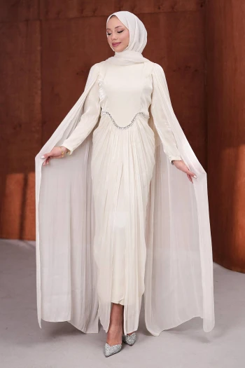 Krem Önü Drapeli Taşlı Abiye