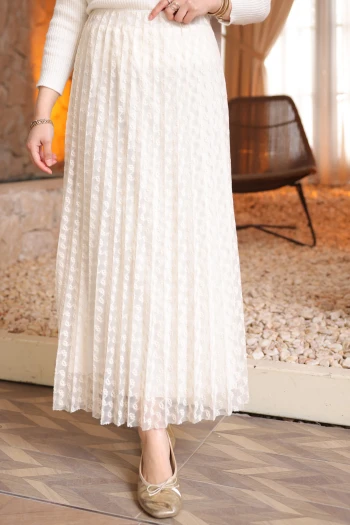 Krem Piliseli Flok Baskılı Astarlı Tül Etek