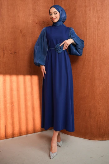 Lacivert Balon Kol Gül  Detaylı Abiye